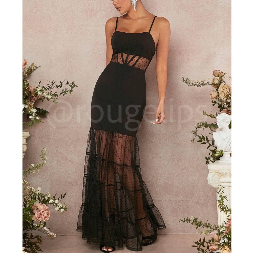 Black Lace Maxi Dress Sheer Details Flared Mermaid Skirt
